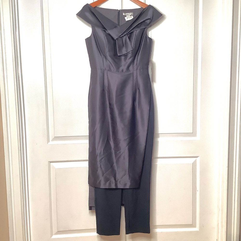 KAY UNGER Gray Sleeveless Walk Through Slit Asymmetrical Taffeta Satin Jumpsuit
